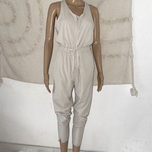 FLX Cream Front Zipper Jumpsuit with Drawstring, Athleisure Wear